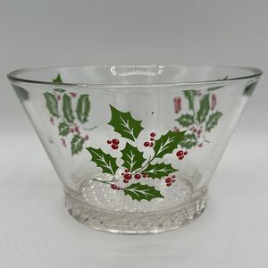 Indiana Glass Christmas Holly Red Berries Serving Dish Bowl Ice Bucket Vintage